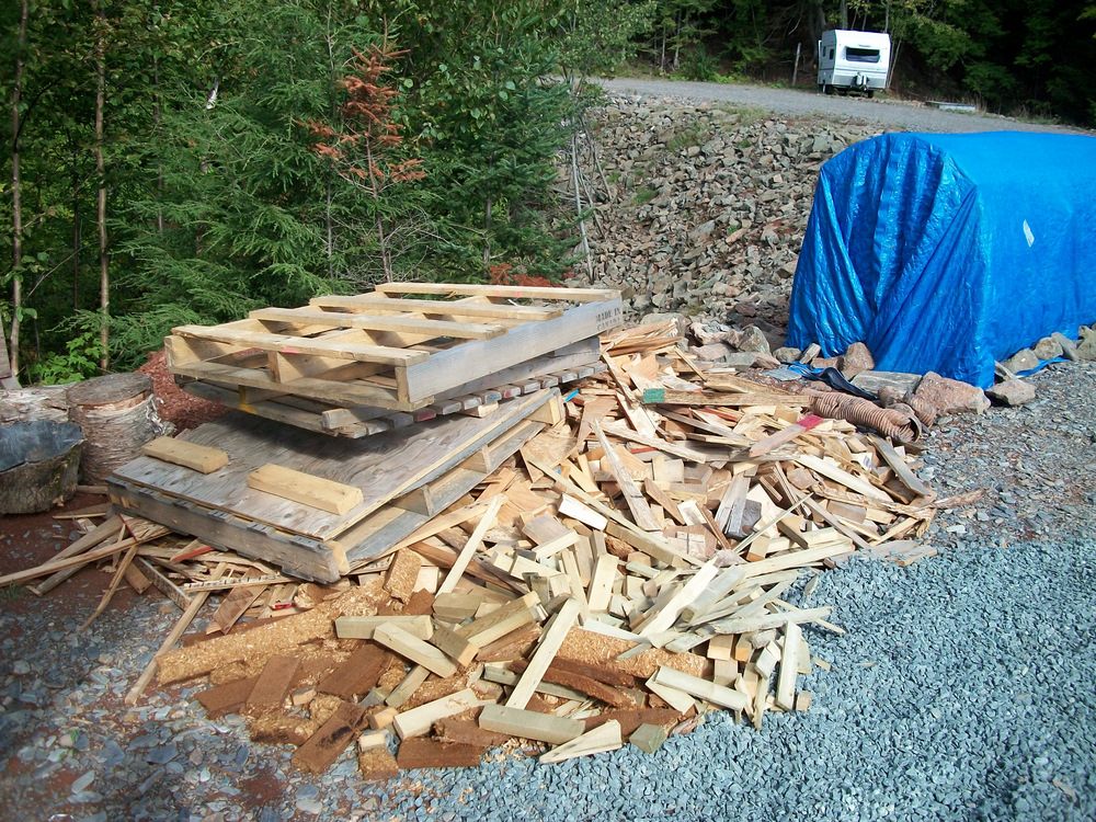 A small pile of wood waste from all the building. It'll be used for stove kindling.